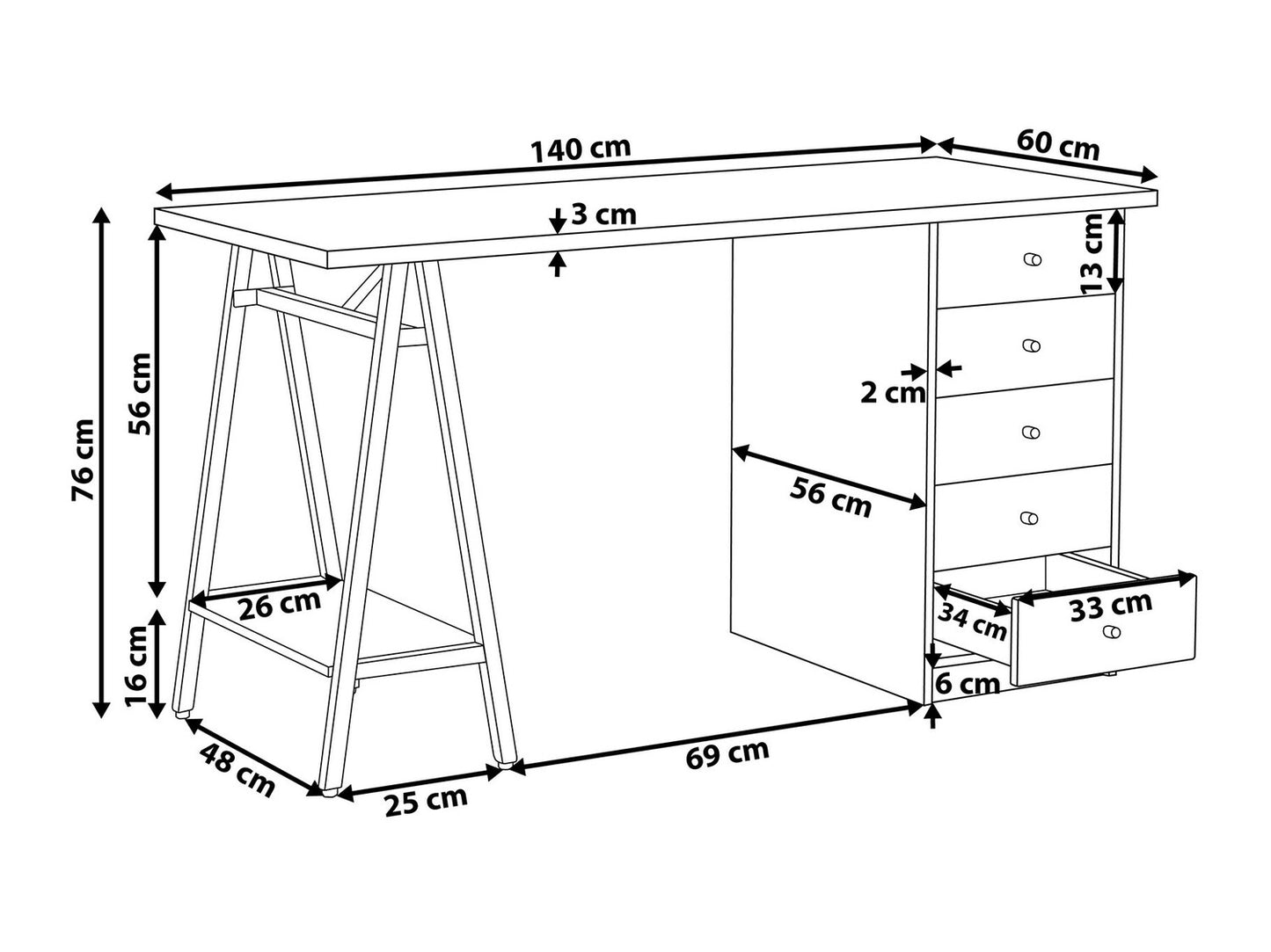 Darbo stalas 5 Stalčius Home Office Darbo stalas with Lentyna 140 x 60 cm Šviesi Medis HEBER 206588