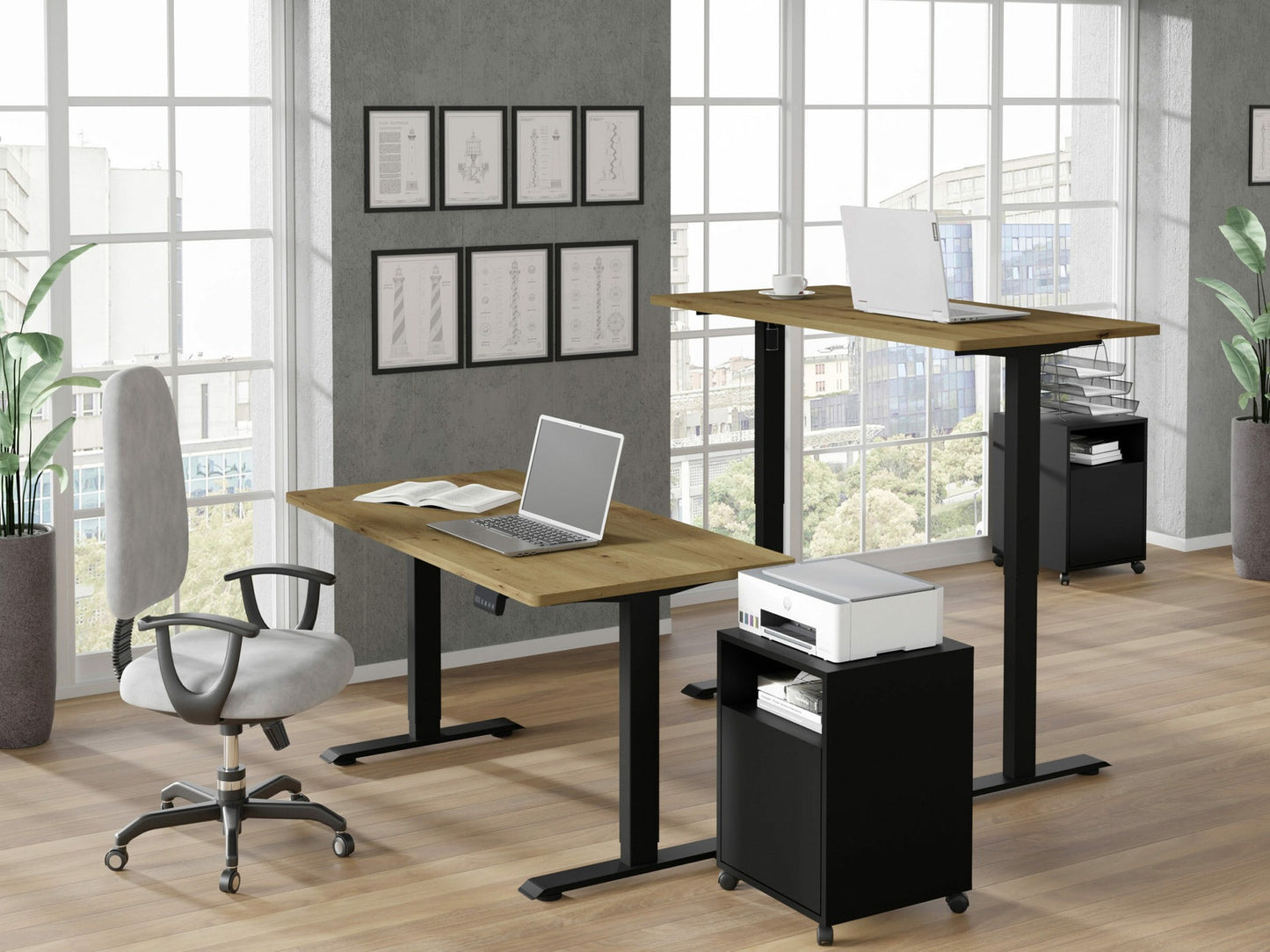 Reguliuojamo aukščio darbo stalas BIMOTION 140x70, Kojų spalva: Juoda, Stalviršio spalva: Artisan ąžuolas