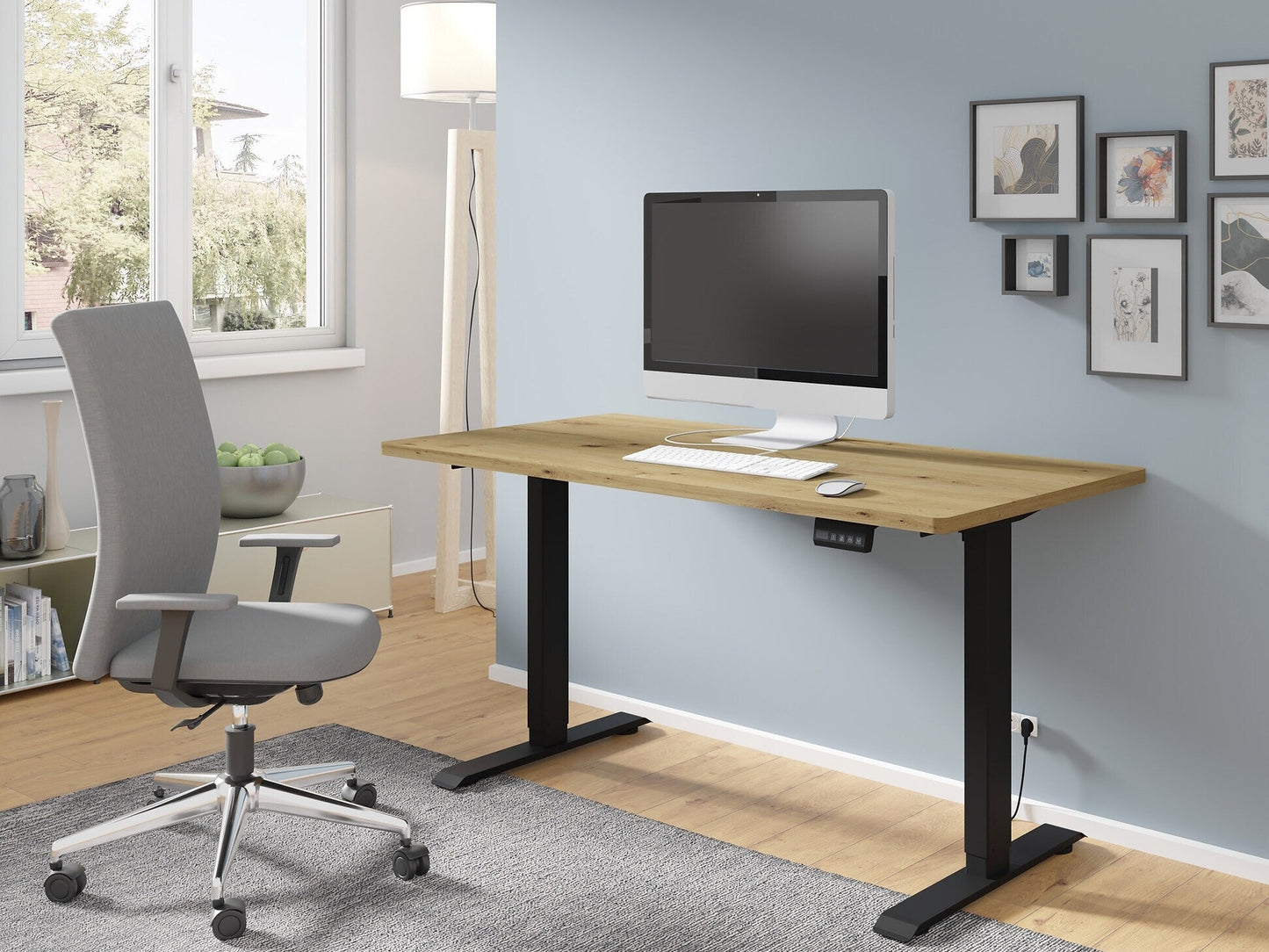 Reguliuojamo aukščio darbo stalas BIMOTION 140x70, Kojų spalva: Juoda, Stalviršio spalva: Artisan ąžuolas