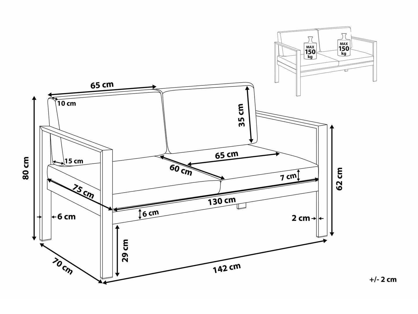 Lauko sofa Garden Sofa 2 Seater SALERNO Metalas Šviesi Pilka 93864 (Šviesi pilka)