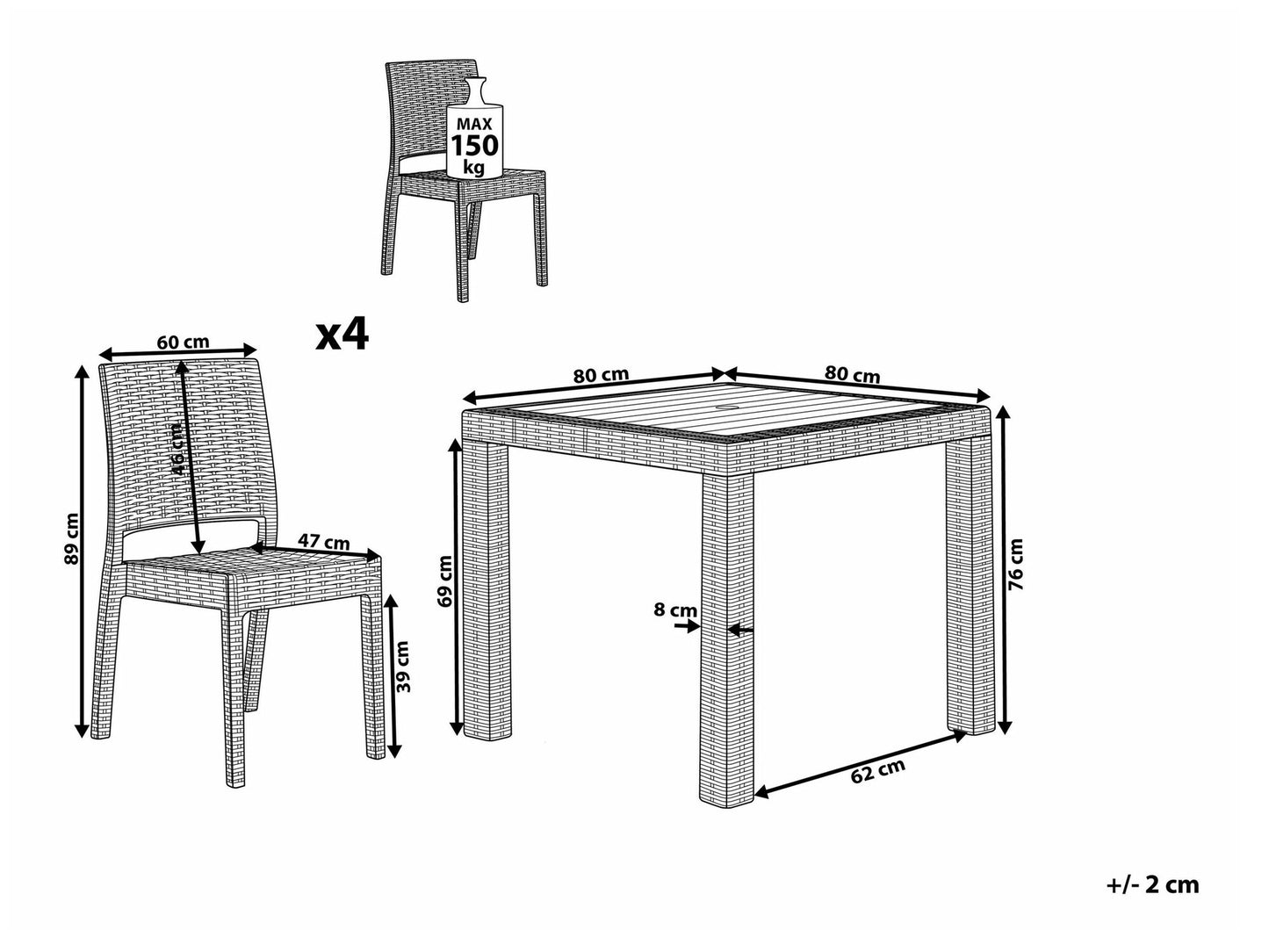 Stalo ir kėdžių komplektas Garden Dining Komplektas 4 Seater FOSSANO Balta 265652 (Balta)