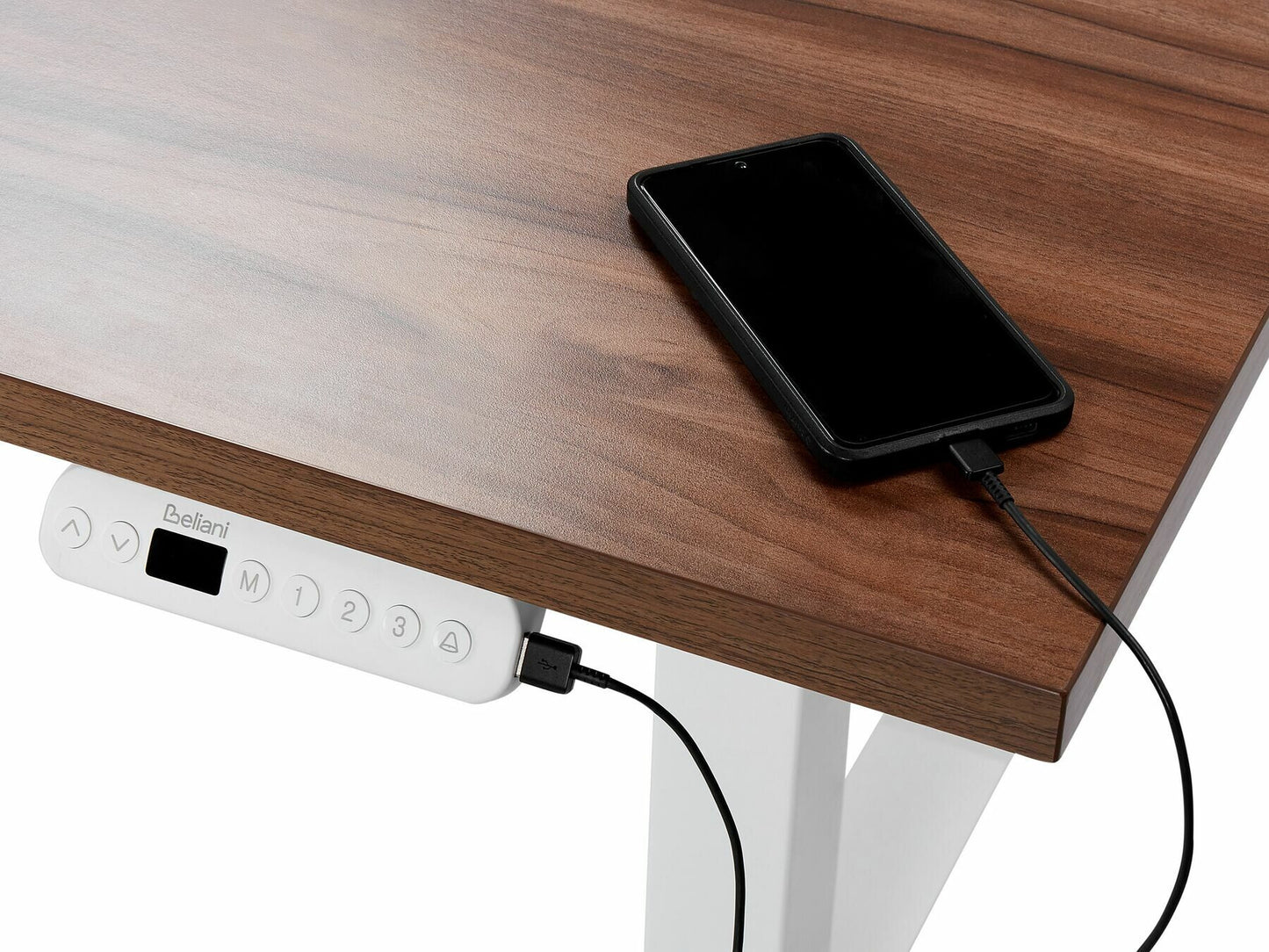 Reguliuojamo aukščio darbo stalas DESTINAS elektrinis 120 cm, Stalviršio spalva: Tamsus medis, Kojų spalva: Balta