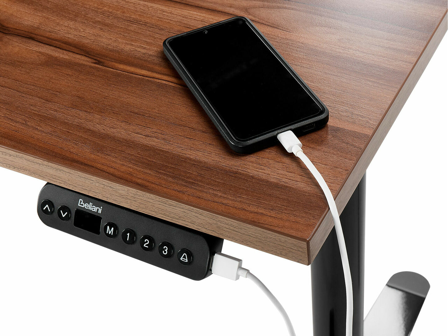 Reguliuojamo aukščio darbo stalas DESTINAS elektrinis 120 cm, Stalviršio spalva: Tamsus medis, Kojų spalva: Juoda