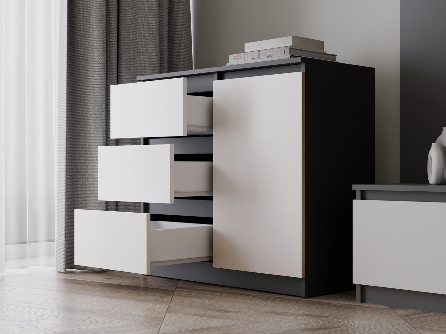 Komoda Malwa 1D3S, Spalva: Antracitas + Balta, M-MP-K-MAL-1D3S-ANTBIA