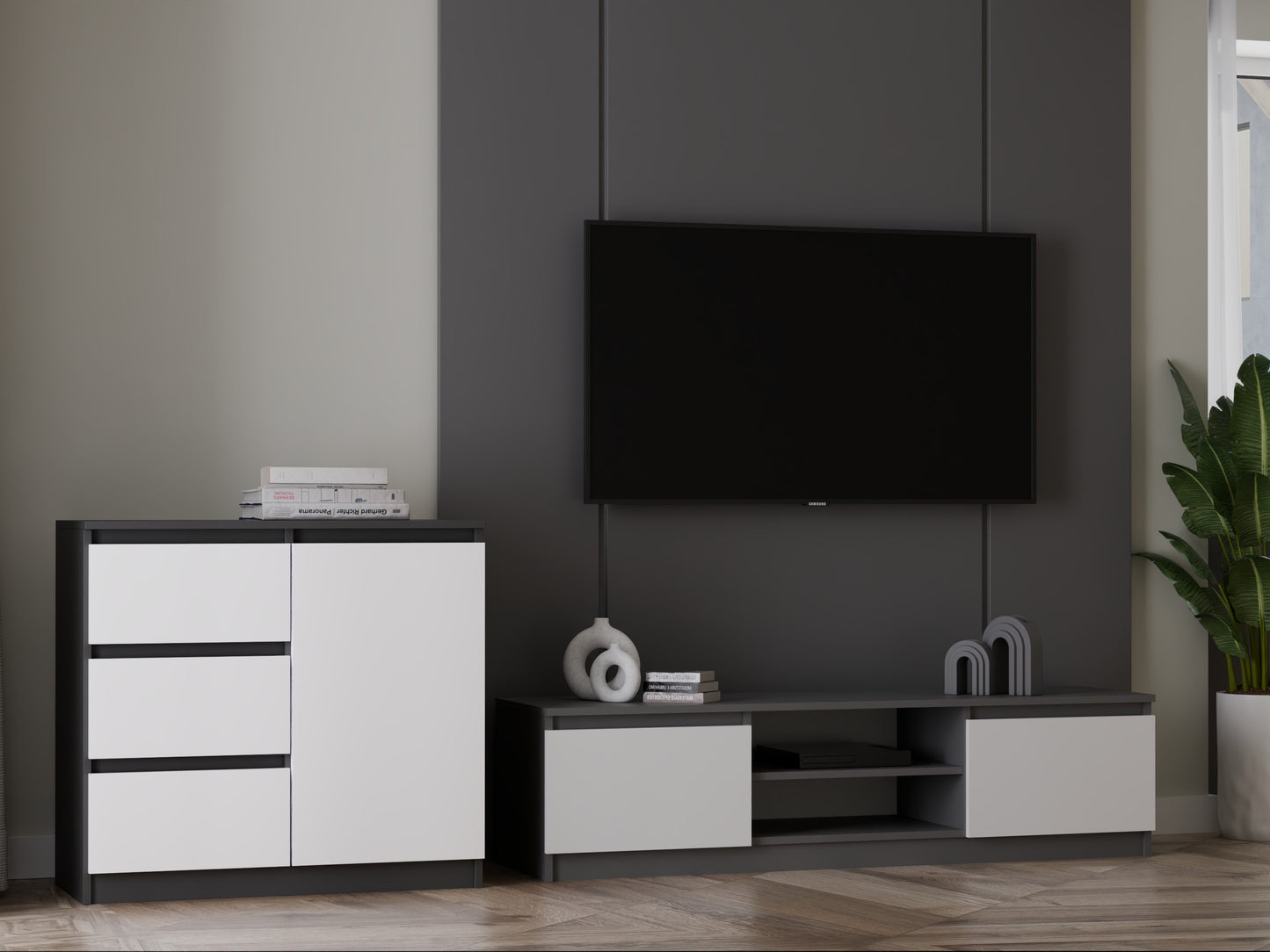 Komoda Malwa 1D3S, Spalva: Antracitas + Balta, M-MP-K-MAL-1D3S-ANTBIA