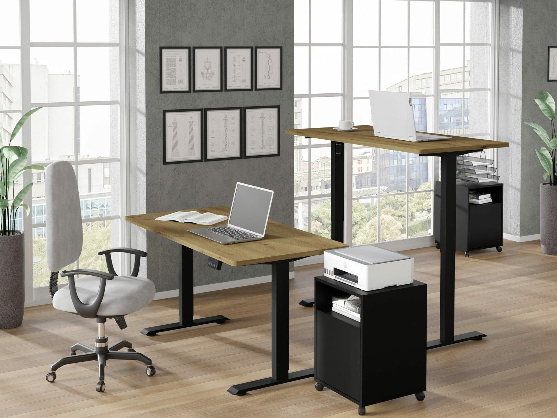 Reguliuojamo aukščio darbo stalas BIMOTION 140x70, Kojų spalva: Juoda, Stalviršio spalva: Artisan ąžuolas