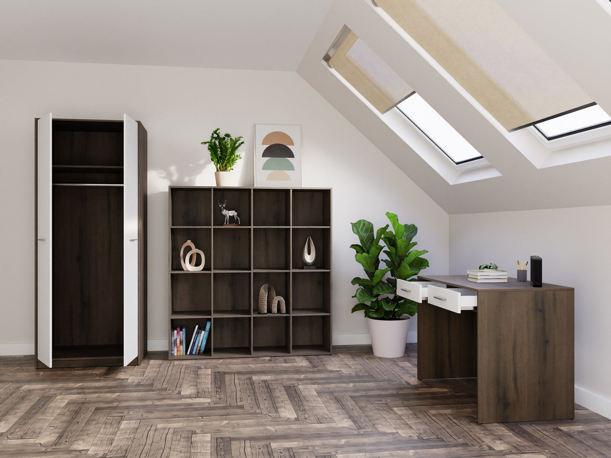 Biuro komplektas Nepo Plus 26, Spalva: Tamsus ąžuolas + Balta 3994728