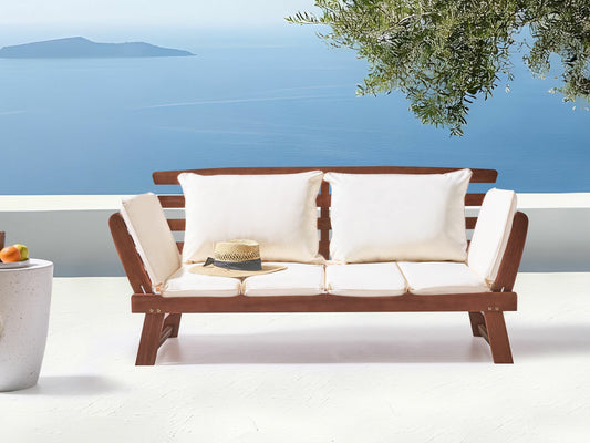 Lauko sofa Eukaliptas Medis Garden Suoliukas 210 cm with Pilka Cushion PORTICI 585542 (Balta + Tamsus medis)