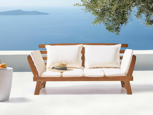 Lauko sofa Eukaliptas Medis Garden Suoliukas 210 cm with Pilka Cushion PORTICI 585573 (Balta + Šviesus medis)