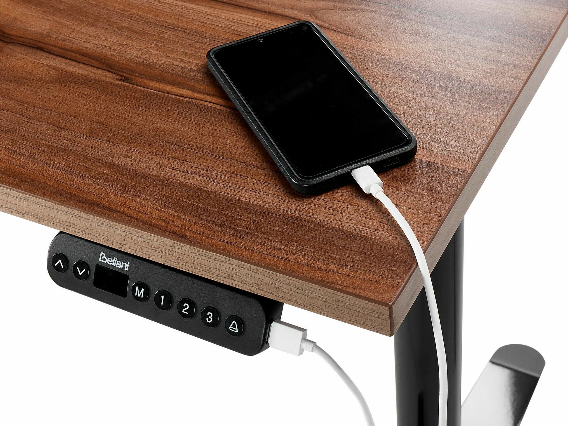Reguliuojamo aukščio darbo stalas DESTINAS elektrinis 120 cm, Stalviršio spalva: Tamsus medis, Kojų spalva: Juoda