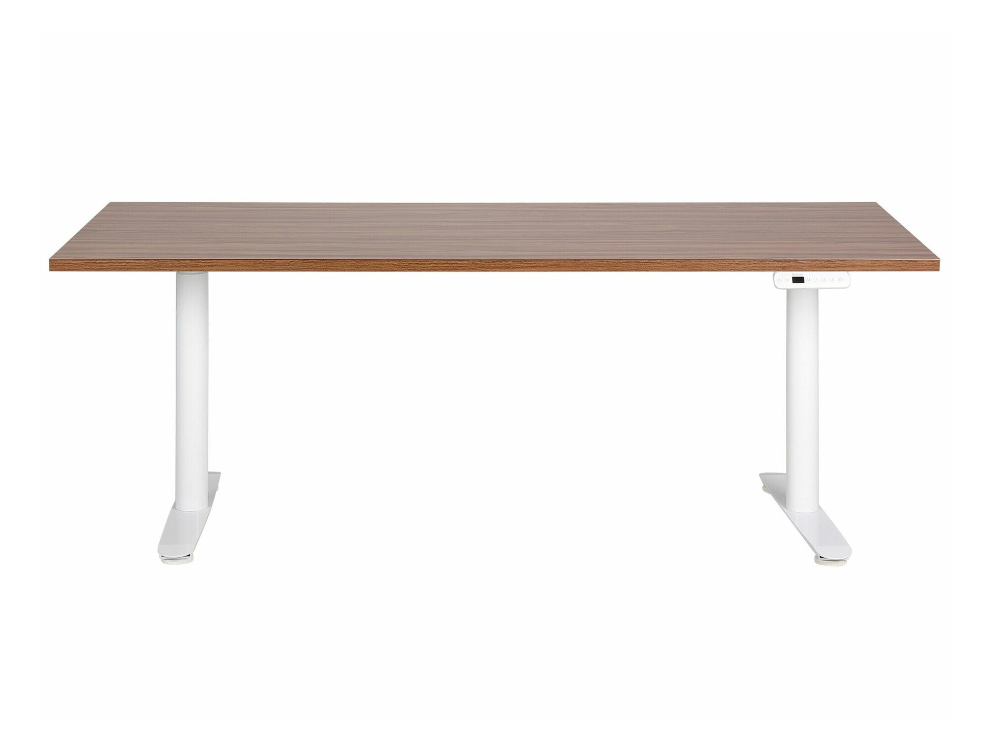 Reguliuojamo aukščio darbo stalas DESTINAS elektrinis, 180 x 80 cm 444117, Stalviršio spalva: Tamsus medis, Kojų spalva: Balta