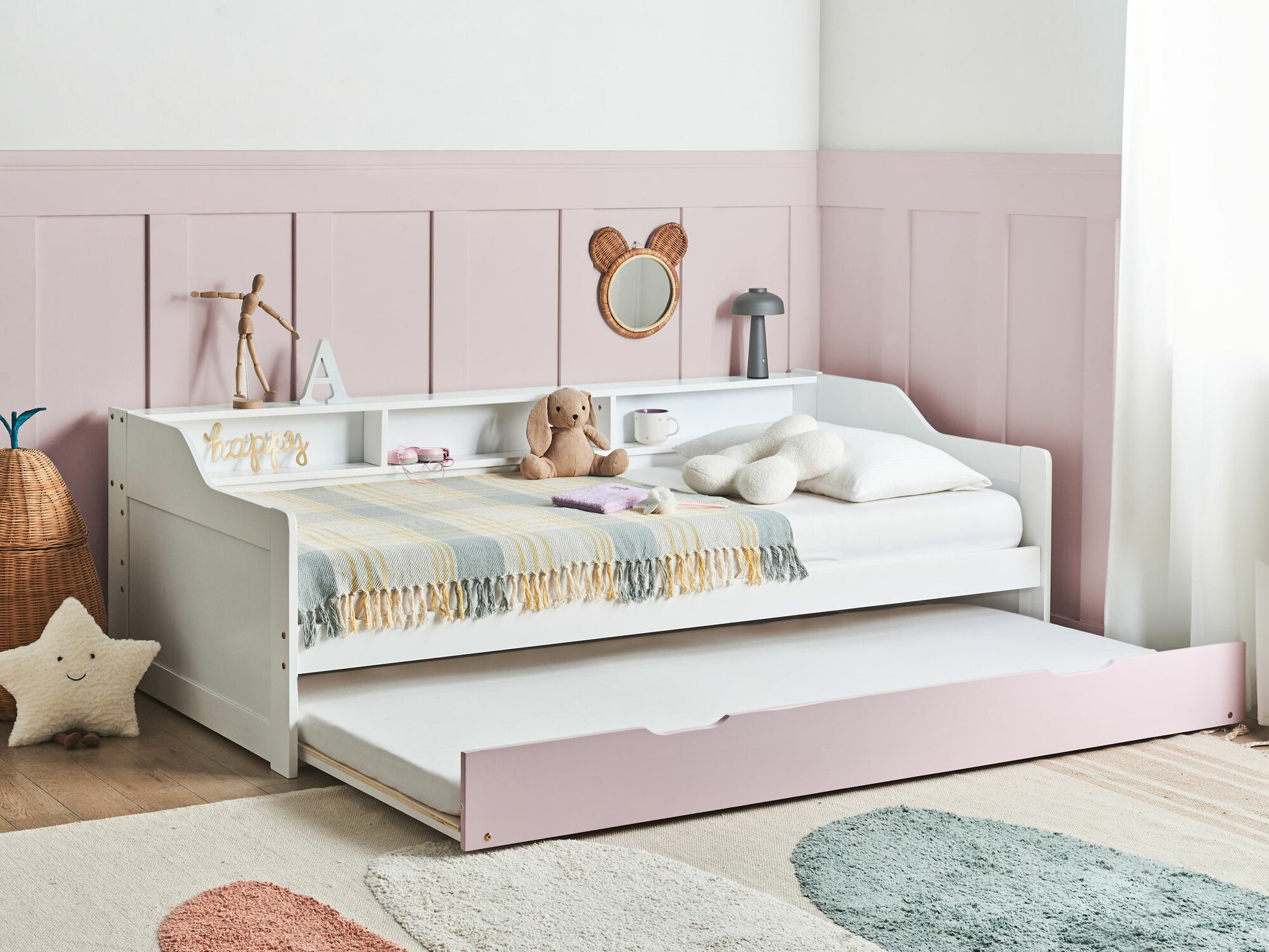 Lova Medinės EU Viengulės Trundle Lova EDERN 614263, Spalva: Balta + Rožinė