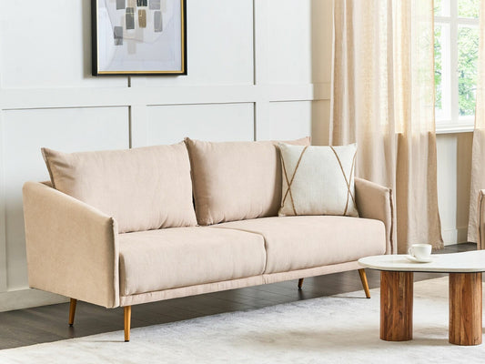 Sofa 3 Seater Velvetas Sofa Beige MAURA 469300, Spalva: Šviesi ruda + Auksinė